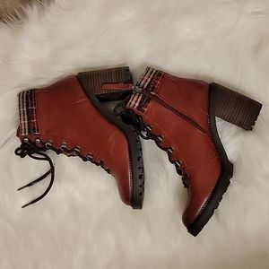 Sam Edelman brown leather laced platform blockheel ankle boot plaid cuff 11 NEW…